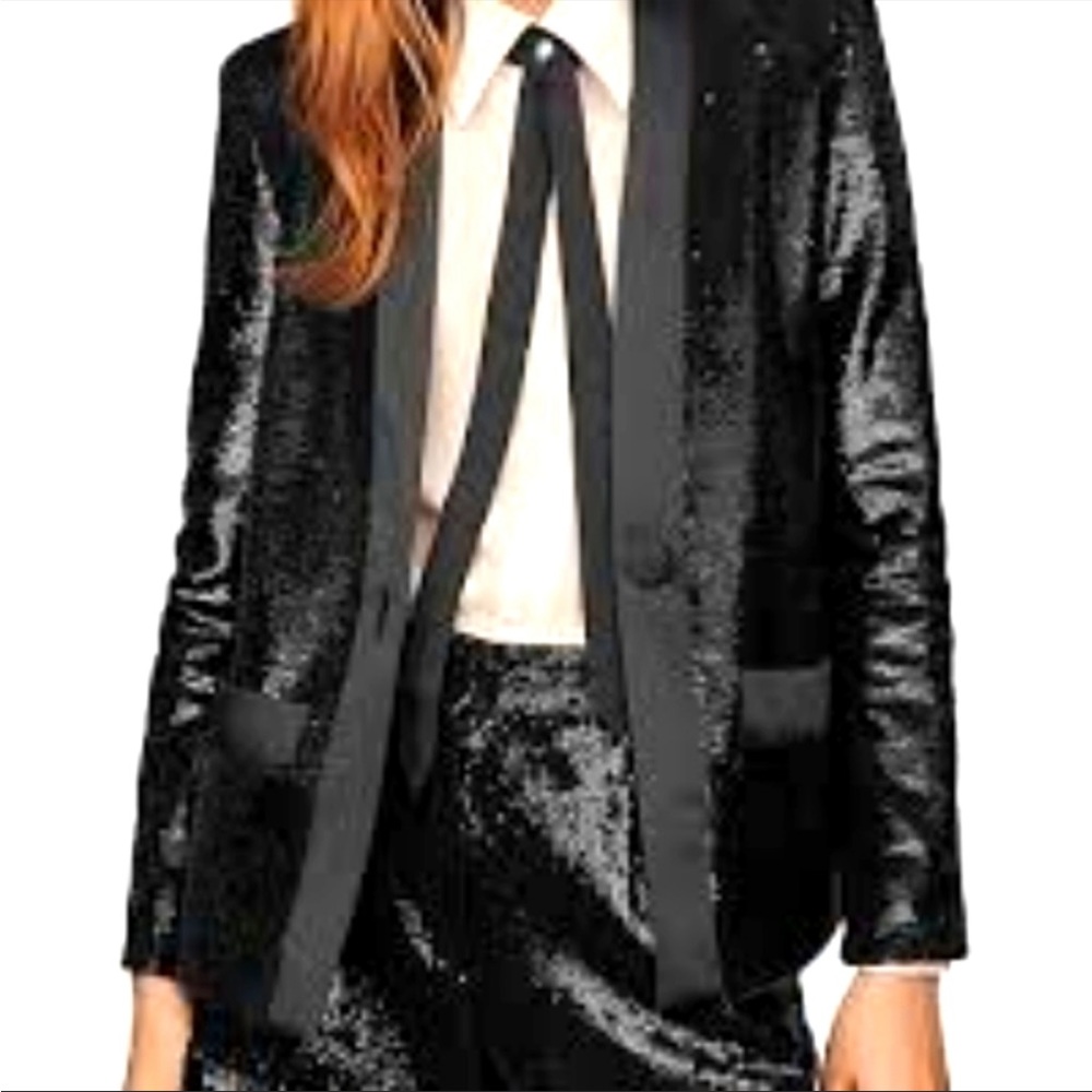 Maje Women’s Vingo Satin Trim Sequin Black Blazer Size L